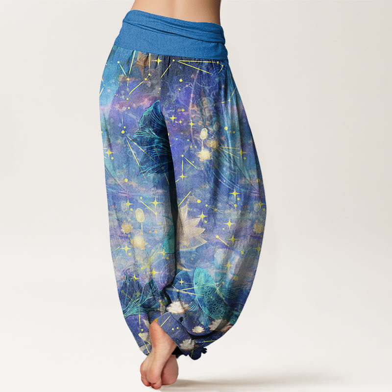 Cotton Koi Fish Lotus Moon Stars Pattern Women's Elastic Waist Harem Pants