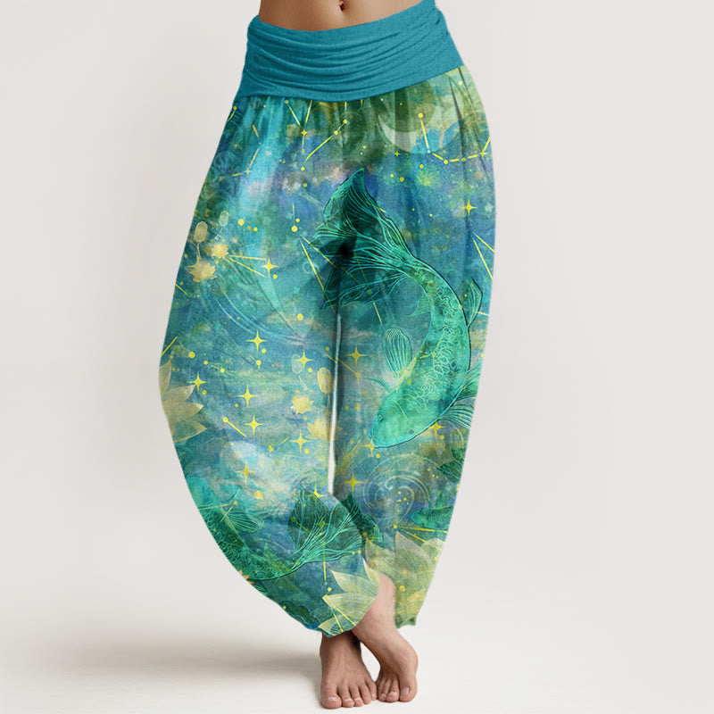 Cotton Koi Fish Lotus Moon Stars Pattern Women's Elastic Waist Harem Pants