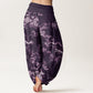 Cotton White Sakura Flower Pattern Women's Elastic Waist Harem Pants