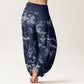 Cotton White Sakura Flower Pattern Women's Elastic Waist Harem Pants