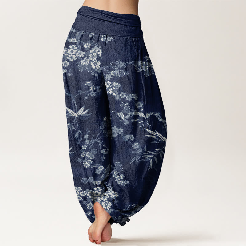 Cotton White Sakura Flower Pattern Women's Elastic Waist Harem Pants