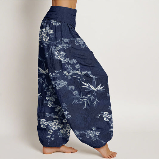 Cotton White Sakura Flower Pattern Women's Elastic Waist Harem Pants