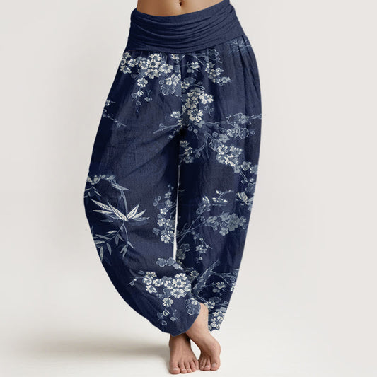 Cotton White Sakura Flower Pattern Women's Elastic Waist Harem Pants