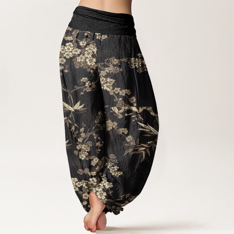 Cotton White Sakura Flower Pattern Women's Elastic Waist Harem Pants