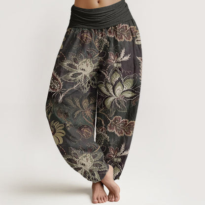 Cotton Casual Floral Leaves Women's Elastic Waist Harem Pants