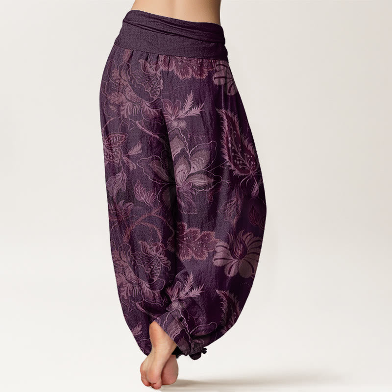 Cotton Casual Floral Leaves Women's Elastic Waist Harem Pants