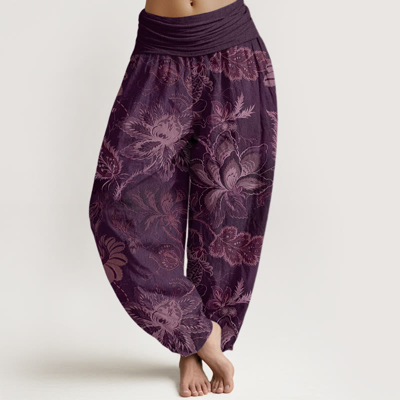 Cotton Casual Floral Leaves Women's Elastic Waist Harem Pants