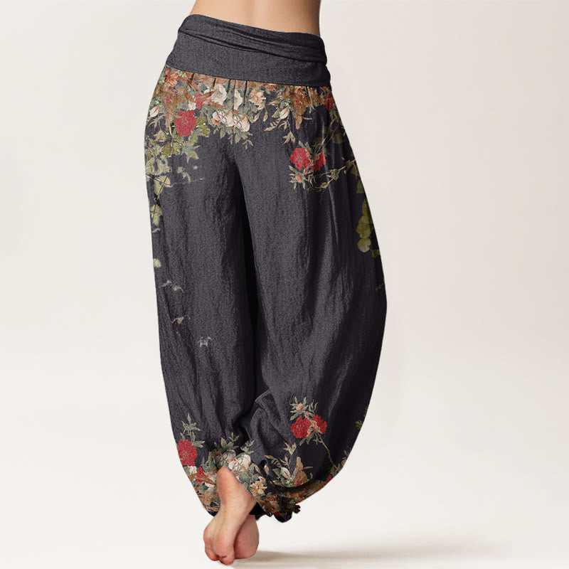 Cotton Casual Red Peony Flower Vine Design Women's Elastic Waist Harem Pants