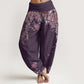 Cotton Casual Red Peony Flower Vine Design Women's Elastic Waist Harem Pants