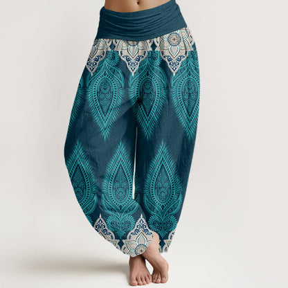Cotton Casual Feather Flower Design Women's Elastic Waist Harem Pants