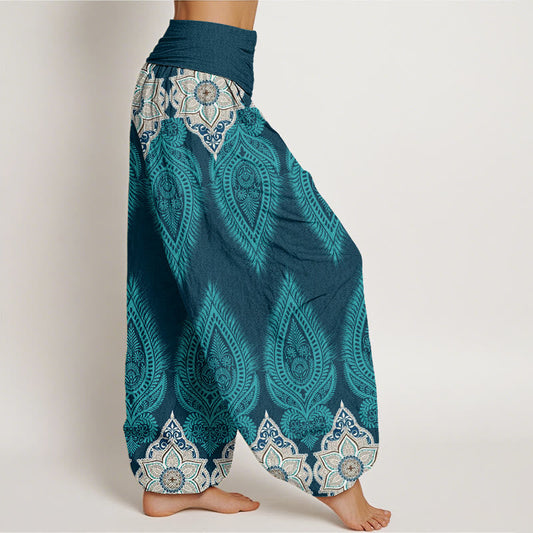 Cotton Casual Feather Flower Design Women's Elastic Waist Harem Pants