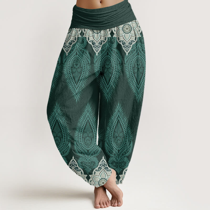 Cotton Casual Feather Flower Design Women's Elastic Waist Harem Pants