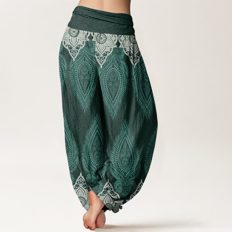 Cotton Casual Feather Flower Design Women's Elastic Waist Harem Pants