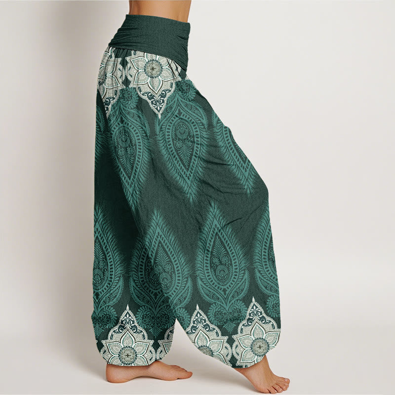 Cotton Casual Feather Flower Design Women's Elastic Waist Harem Pants