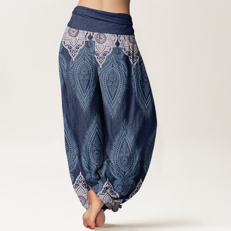 Cotton Casual Feather Flower Design Women's Elastic Waist Harem Pants