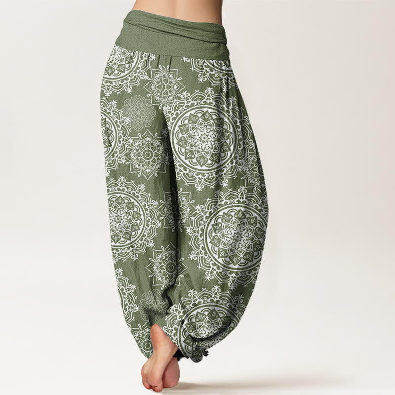 Cotton Casual White Mandala Flower Design Women's Elastic Waist Harem Pants
