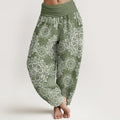 Cotton Casual White Mandala Flower Design Women's Elastic Waist Harem Pants