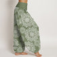 Cotton Casual White Mandala Flower Design Women's Elastic Waist Harem Pants