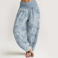 Cotton Casual White Mandala Flower Design Women's Elastic Waist Harem Pants