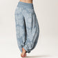 Cotton Casual White Mandala Flower Design Women's Elastic Waist Harem Pants