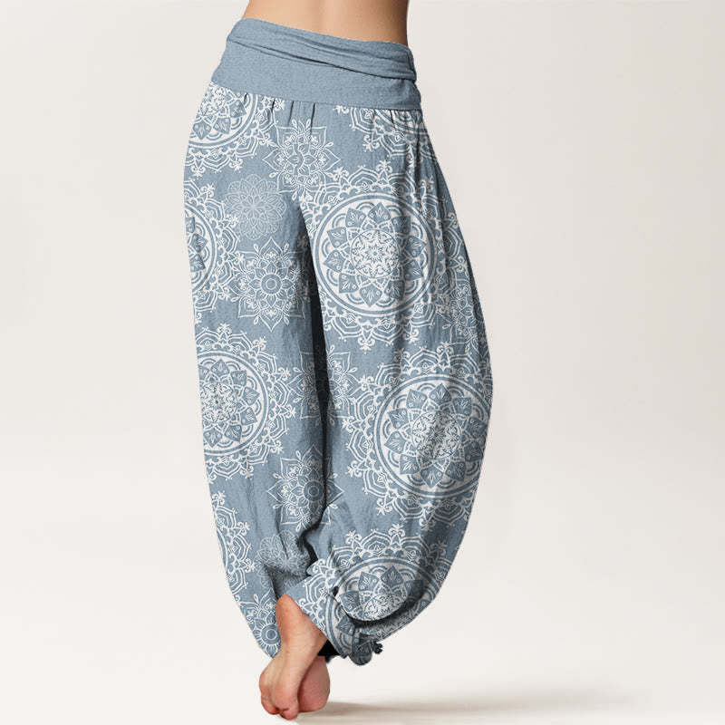 Cotton Casual White Mandala Flower Design Women's Elastic Waist Harem Pants
