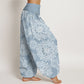 Cotton Casual White Mandala Flower Design Women's Elastic Waist Harem Pants