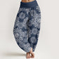 Cotton Casual White Mandala Flower Design Women's Elastic Waist Harem Pants