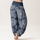 Cotton Casual White Mandala Flower Design Women's Elastic Waist Harem Pants