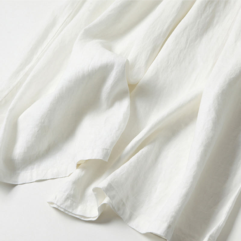 Plain Color Cotton Linen High Waist Wide Leg Pants With Pockets