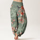 Cotton Red Pink Blooming Flowers Lush Branches Women's Elastic Waist Harem Pants