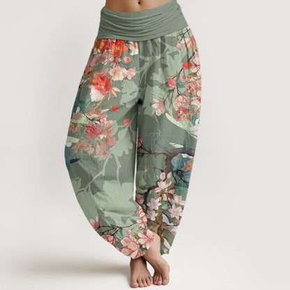 Cotton Red Pink Blooming Flowers Lush Branches Women's Elastic Waist Harem Pants