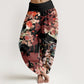 Cotton Red Pink Blooming Flowers Lush Branches Women's Elastic Waist Harem Pants
