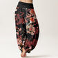 Cotton Red Pink Blooming Flowers Lush Branches Women's Elastic Waist Harem Pants