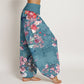 Cotton Red Pink Blooming Flowers Lush Branches Women's Elastic Waist Harem Pants