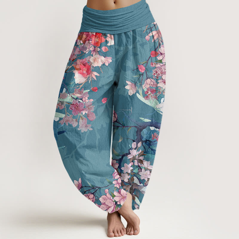 Cotton Red Pink Blooming Flowers Lush Branches Women's Elastic Waist Harem Pants