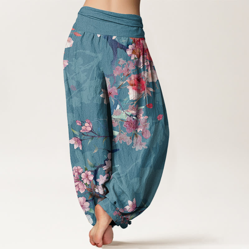 Cotton Red Pink Blooming Flowers Lush Branches Women's Elastic Waist Harem Pants