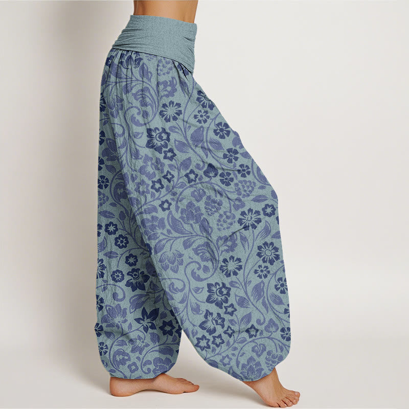 Cotton Small Flowers Intertwining Branches Women's Elastic Waist Harem Pants