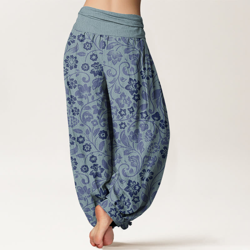 Cotton Small Flowers Intertwining Branches Women's Elastic Waist Harem Pants