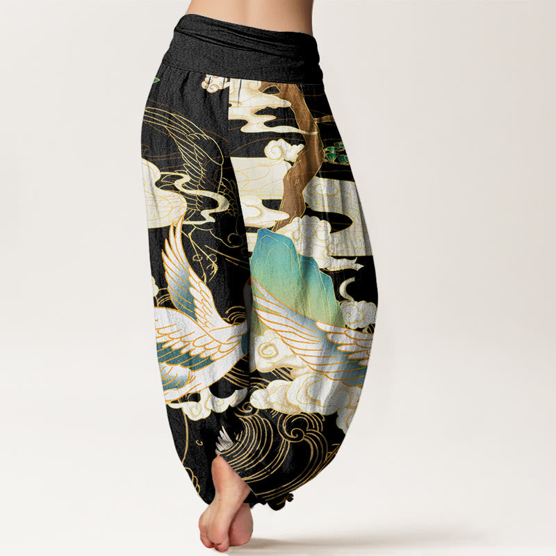 Cotton Flying Cranes Auspicious Clouds Tree women's Elastic Waist Harem Pants