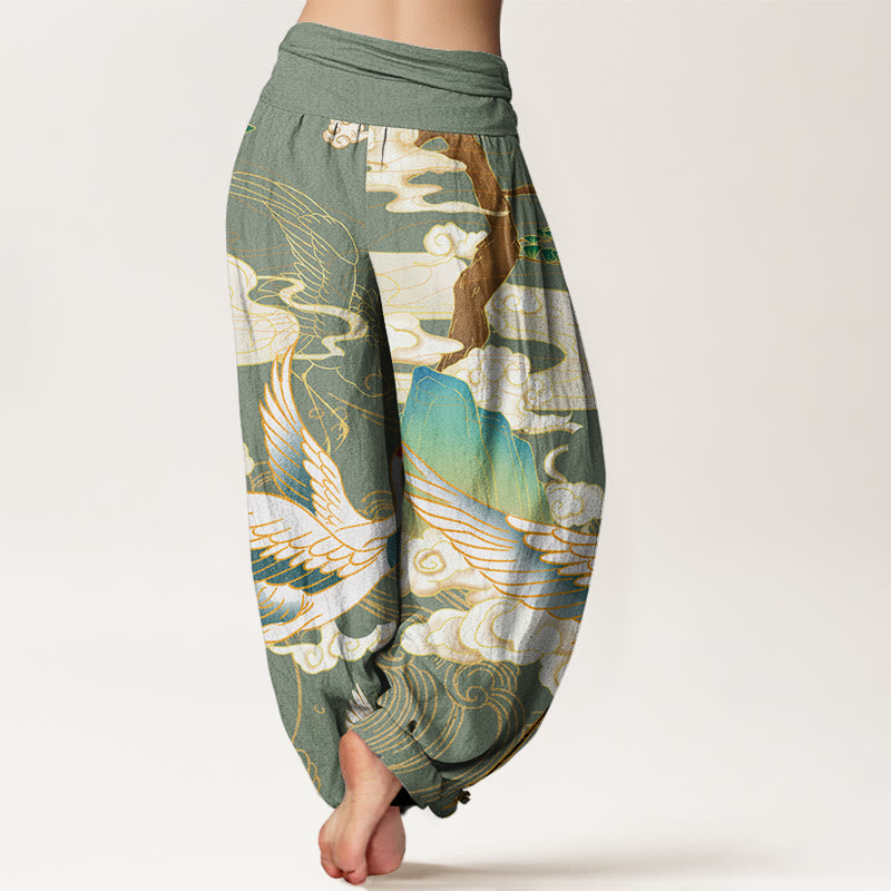 Cotton Flying Cranes Auspicious Clouds Tree women's Elastic Waist Harem Pants