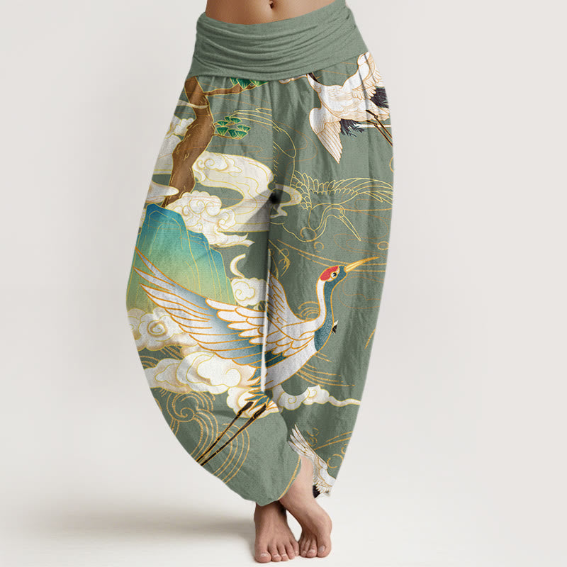 Cotton Flying Cranes Auspicious Clouds Tree women's Elastic Waist Harem Pants