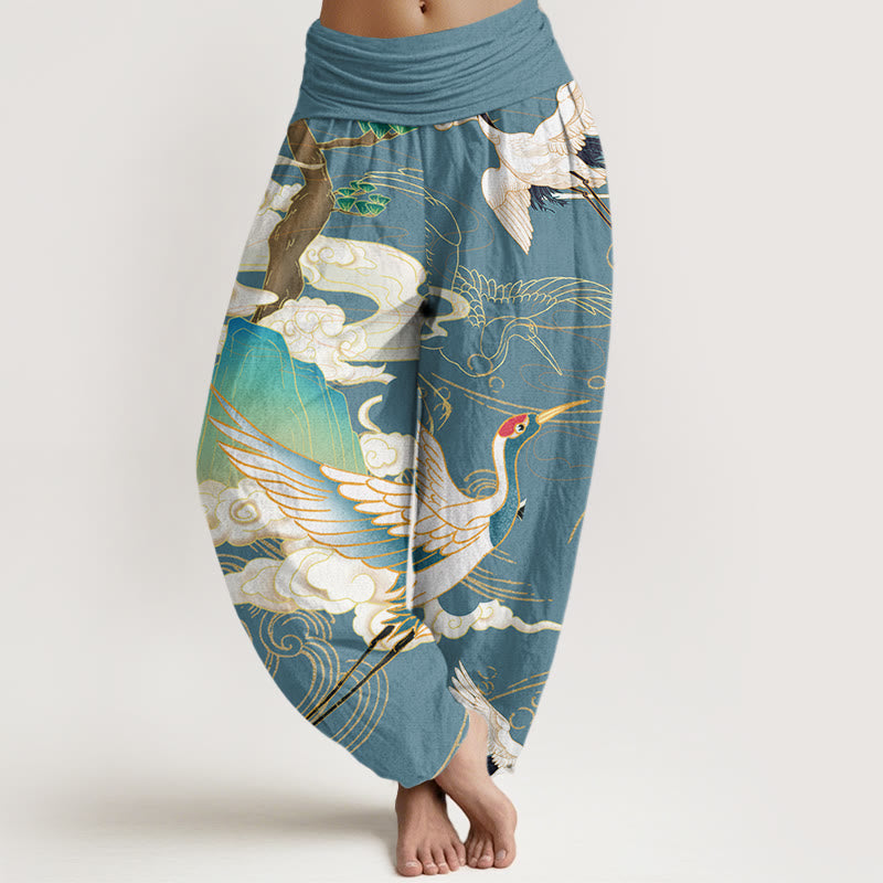 Cotton Flying Cranes Auspicious Clouds Tree women's Elastic Waist Harem Pants