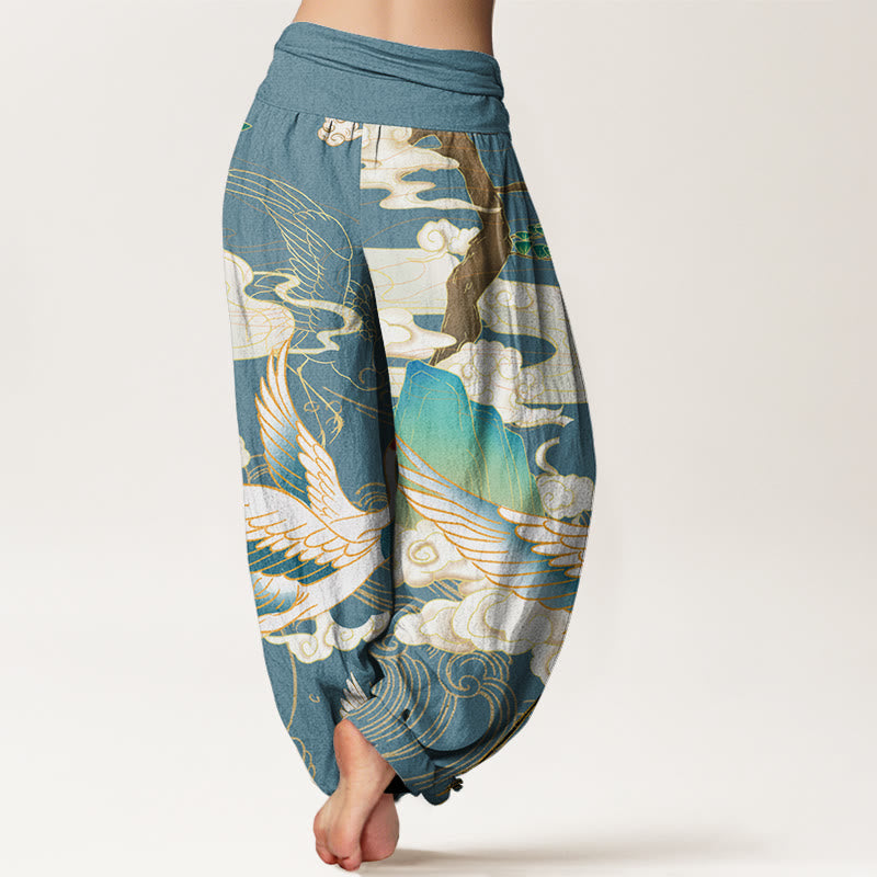 Cotton Flying Cranes Auspicious Clouds Tree women's Elastic Waist Harem Pants