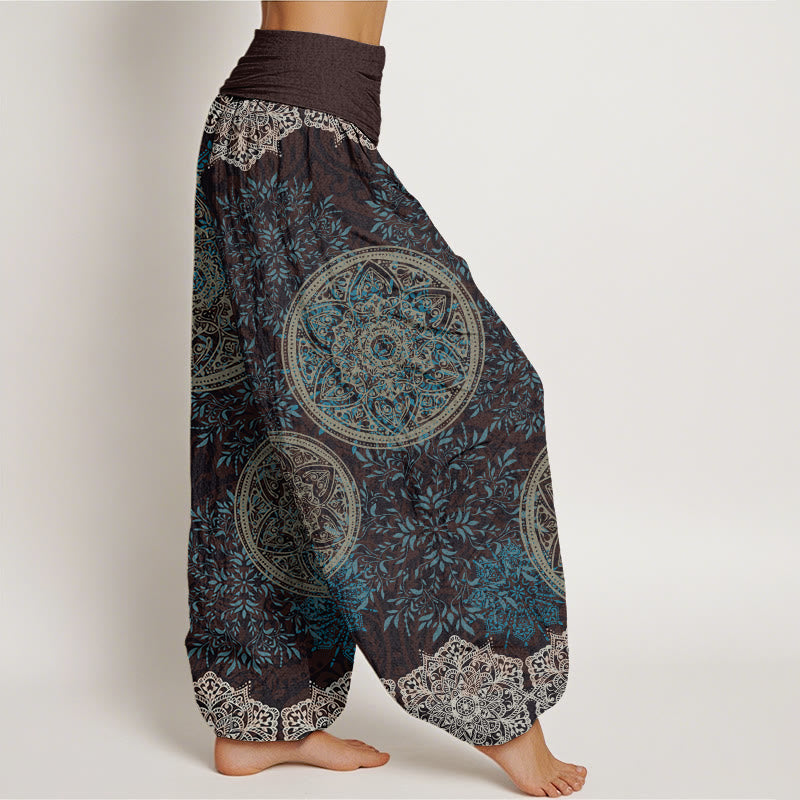 Cotton Mandala Pattern Leaves Women's Elastic Waist Harem Pants