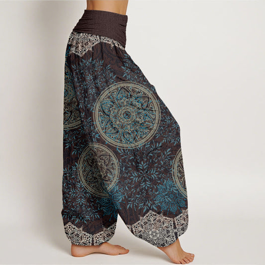 Cotton Mandala Pattern Leaves Women's Elastic Waist Harem Pants