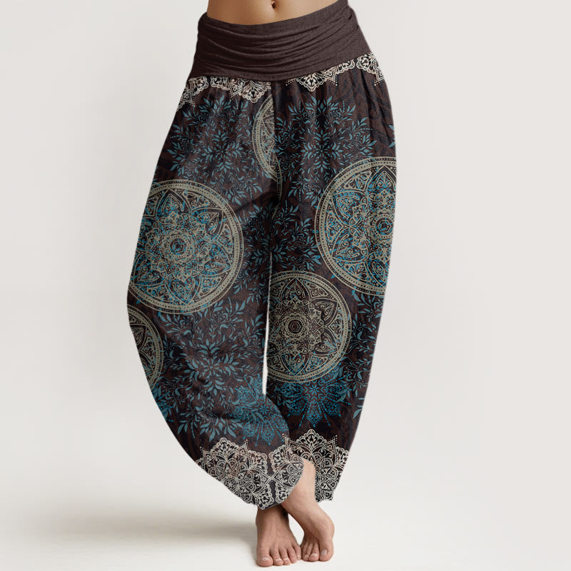 Cotton Mandala Pattern Leaves Women's Elastic Waist Harem Pants