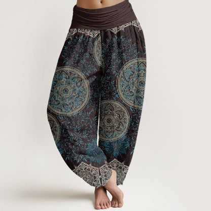 Cotton Mandala Pattern Leaves Women's Elastic Waist Harem Pants