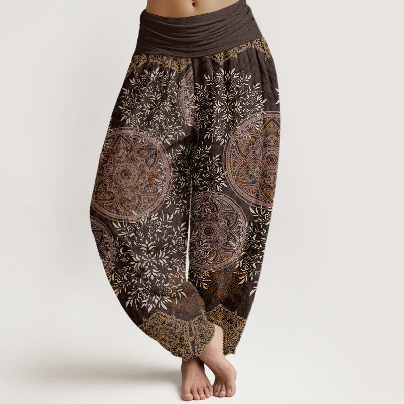 Cotton Mandala Pattern Leaves Women's Elastic Waist Harem Pants