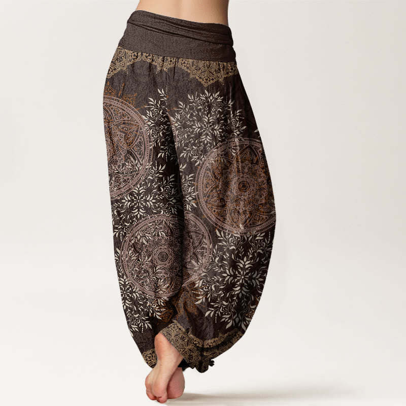 Cotton Mandala Pattern Leaves Women's Elastic Waist Harem Pants