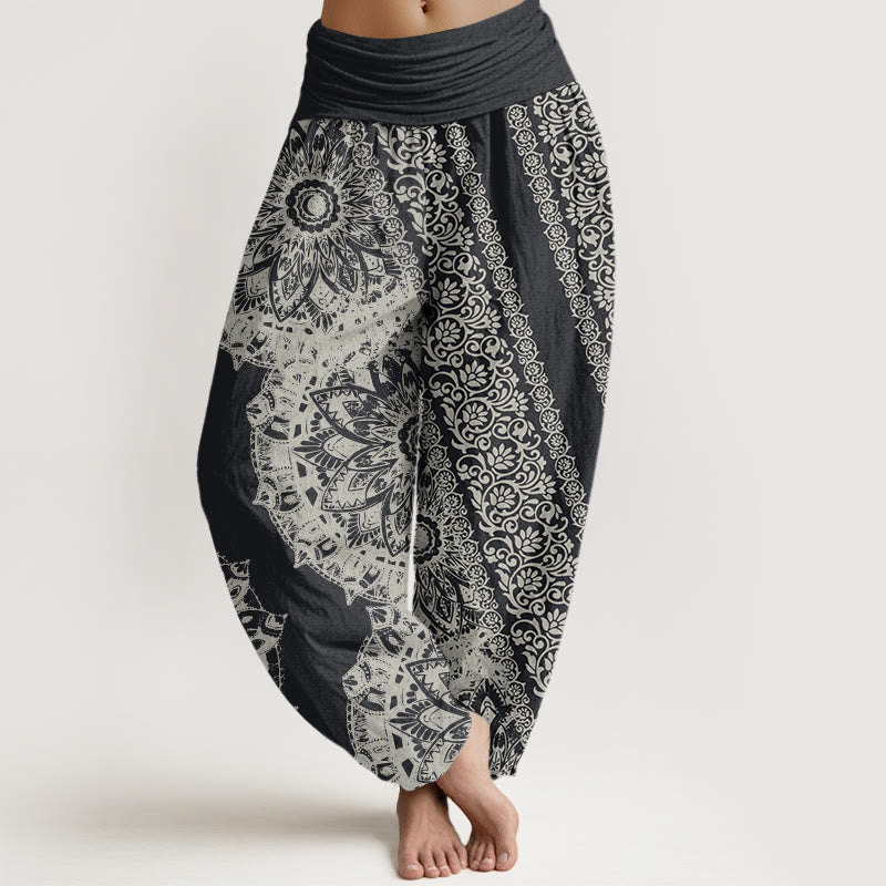 Cotton Mandala Pattern Parallel Flowers Women's Elastic Waist Harem Pants